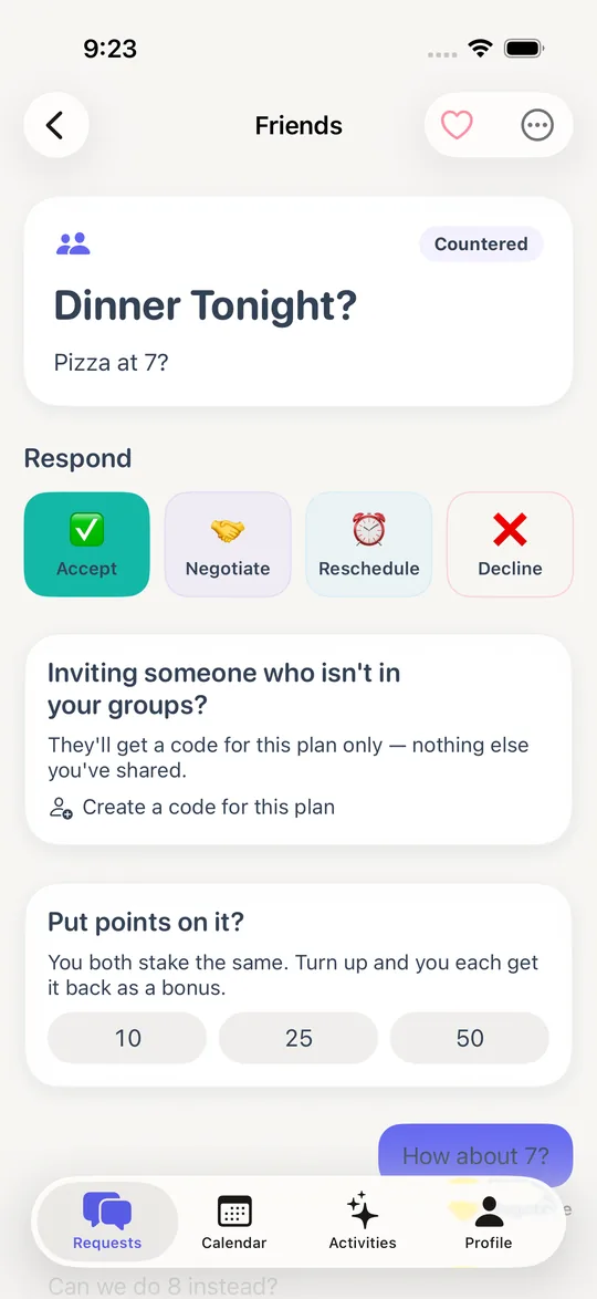 A plan mid-negotiation with accept, suggest and decline buttons