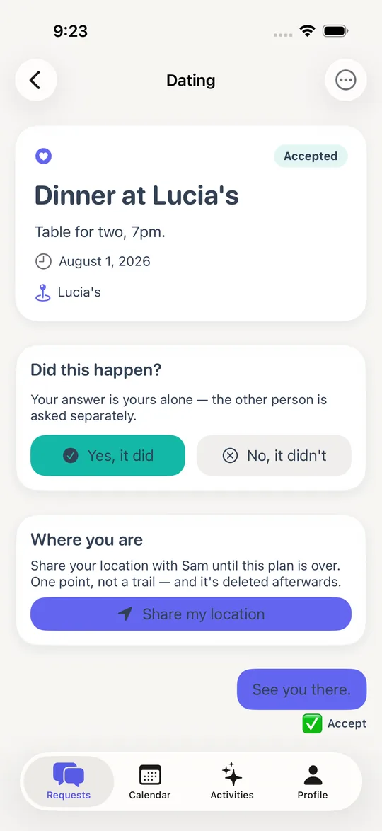 A plan asking whether it happened, and offering to share your location