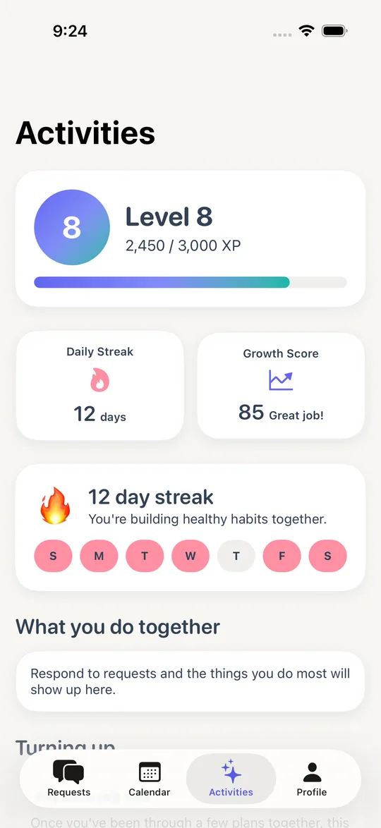 A progress screen showing level, streak and score