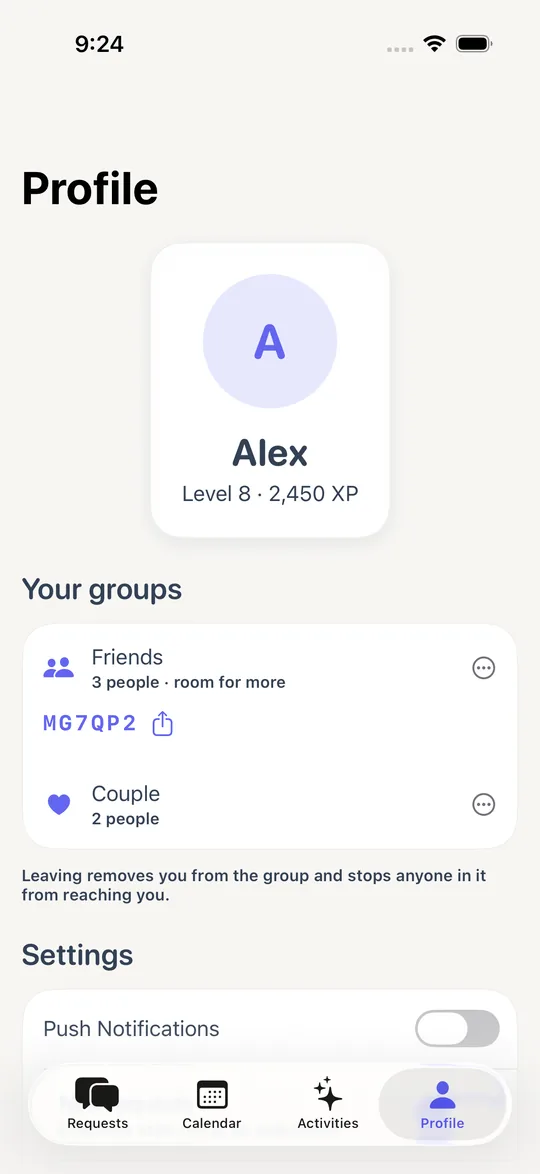 The profile screen listing two groups with their invite codes